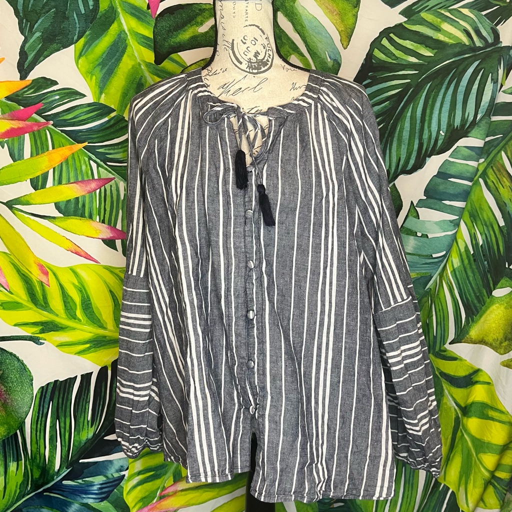 Lane Bryant 18 Grey White Button Down Striped Casual Preppy Office Work Top